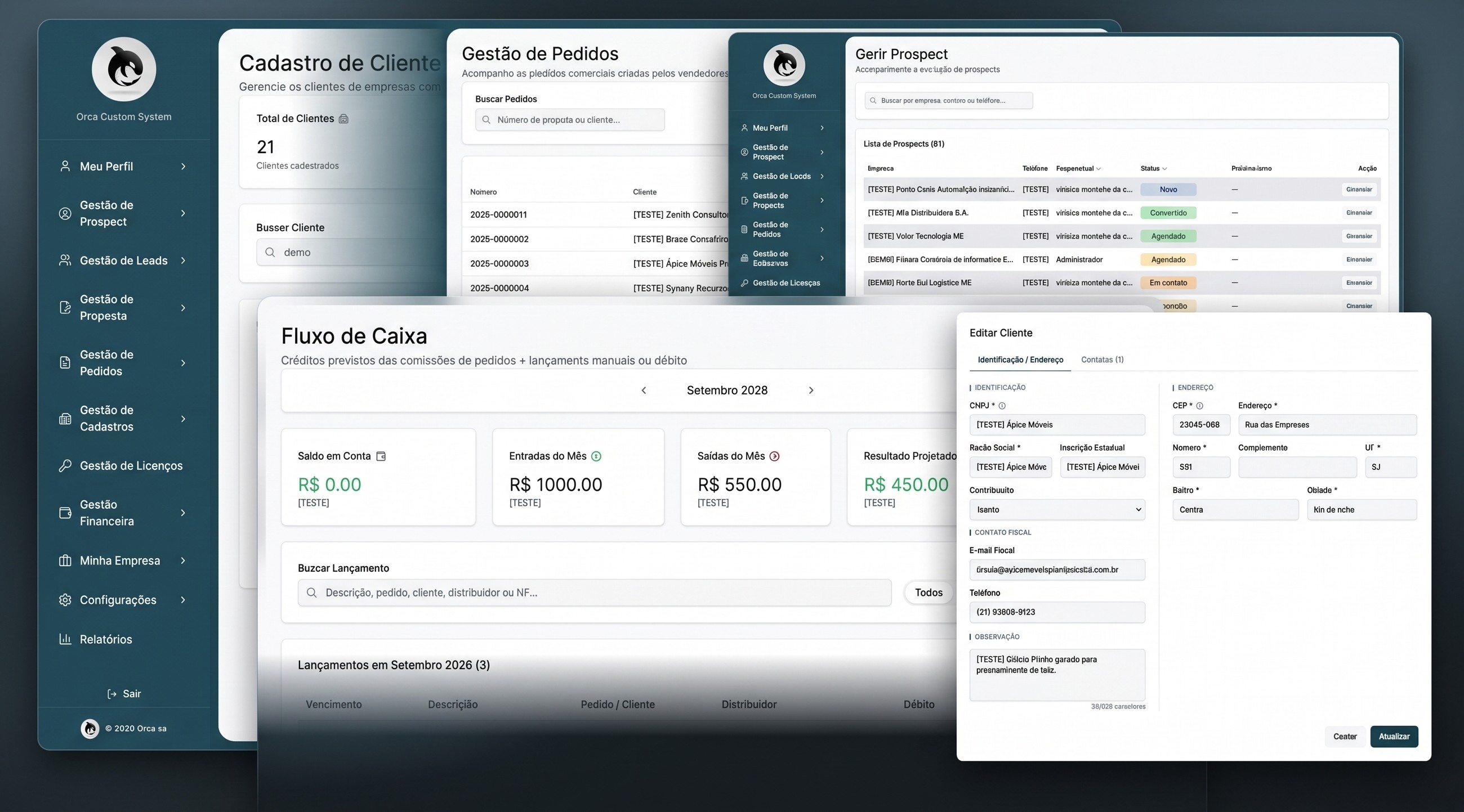 Tela do SIG mostrando prospects, pedidos, fluxo de caixa e cadastro de cliente